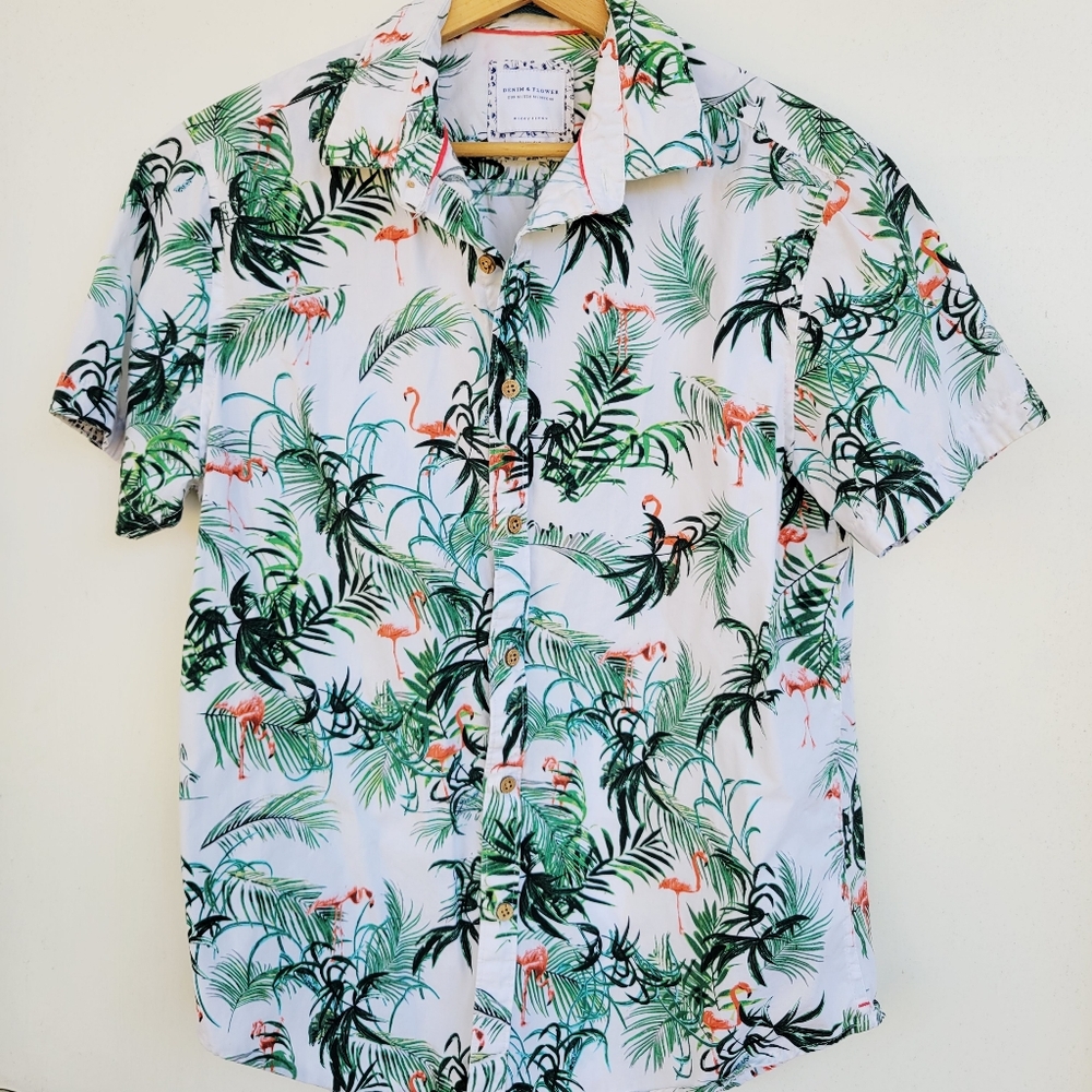 Denim & Flower Ricki Singh Hawaiian Button Up Flamingo Shirt Vacation Medium